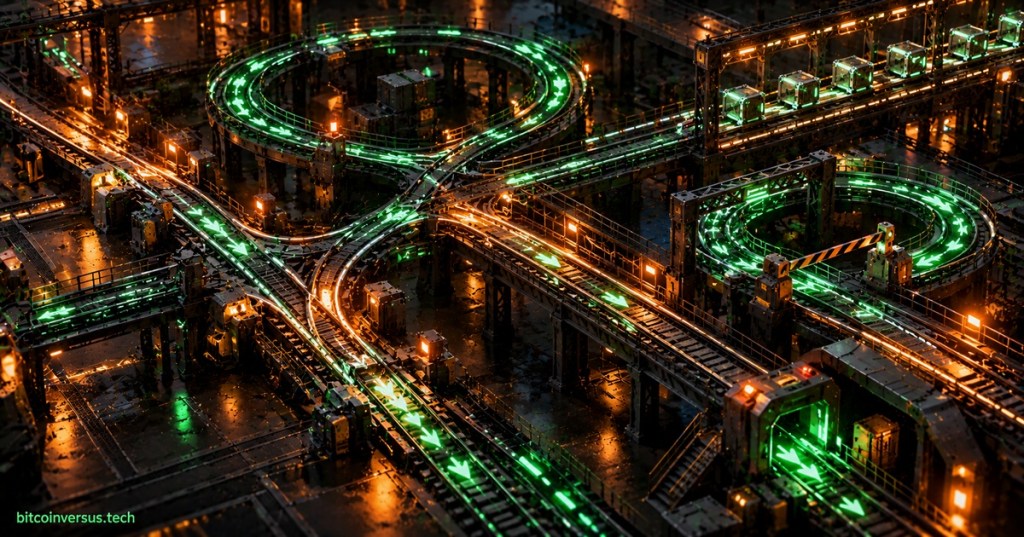 Original neon-green and amber industrial rail-yard illustration representing Rust branching, loops, break, continue, and repeated execution paths.