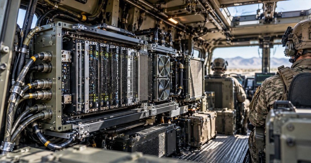 Rugged mobile AI computing rack installed inside an armored vehicle with high-density servers, cooling, cabling and reinforced connectors.