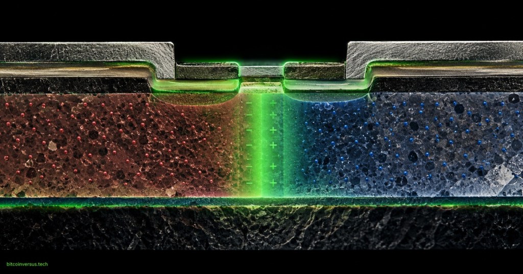 Semiconductor PN junction cross-section with a neon-green depletion region between p-type and n-type material.