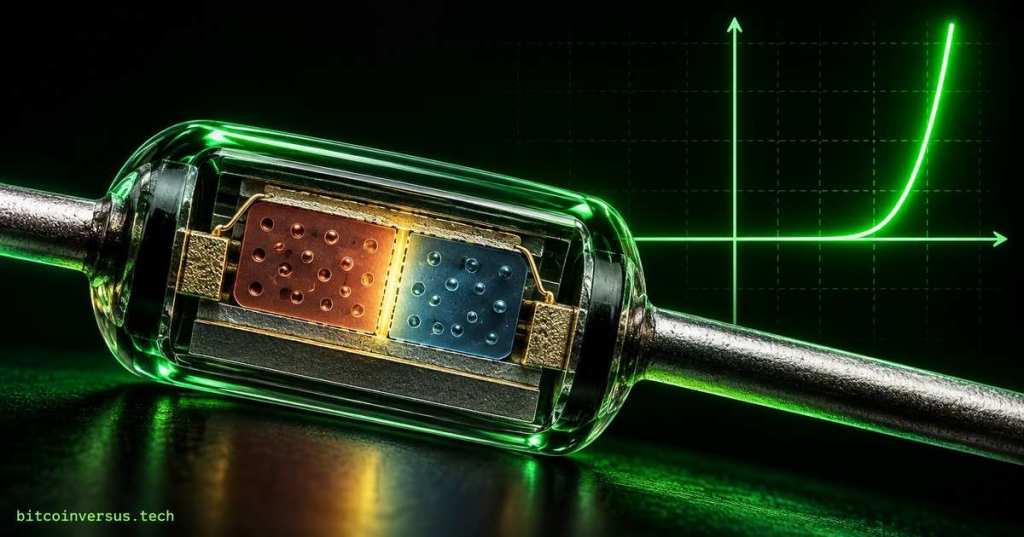 Transparent semiconductor diode with visible PN junction and a neon-green current-voltage curve on a black technical background