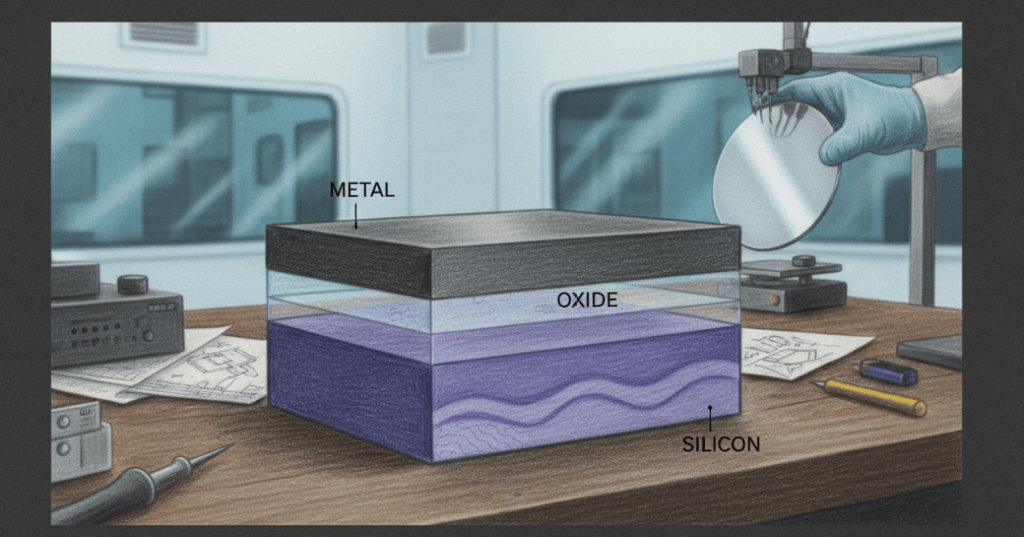 Colored-pencil illustration of a MOS capacitor structure and semiconductor wafer for OSSEC.005 MOS Capacitor Physics.