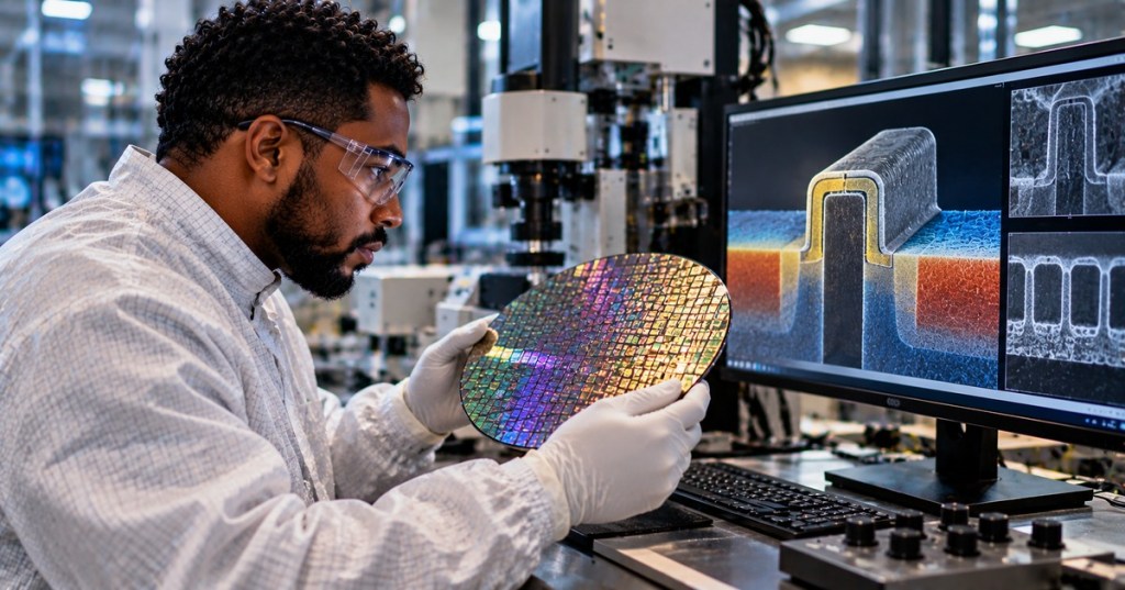 African American semiconductor engineer examining a wafer and FinFET device imagery in a semiconductor cleanroom