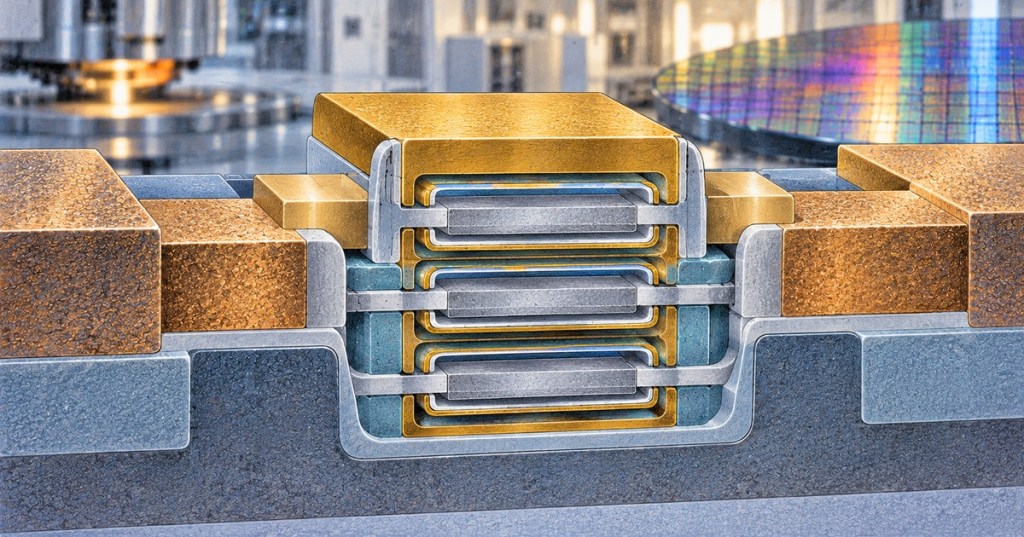 Technical illustration of a stacked nanosheet gate-all-around transistor with multiple silicon channels wrapped by gate material.
