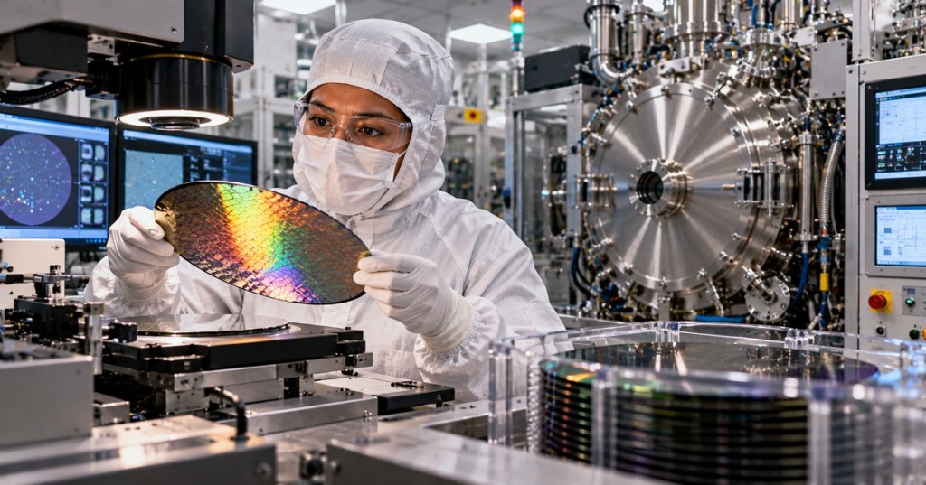 Semiconductor engineer in cleanroom inspecting a silicon wafer, original editorial art