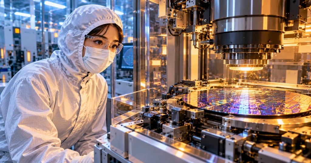 Semiconductor cleanroom engineer beside a lithography wafer stage with an illuminated patterned silicon wafer