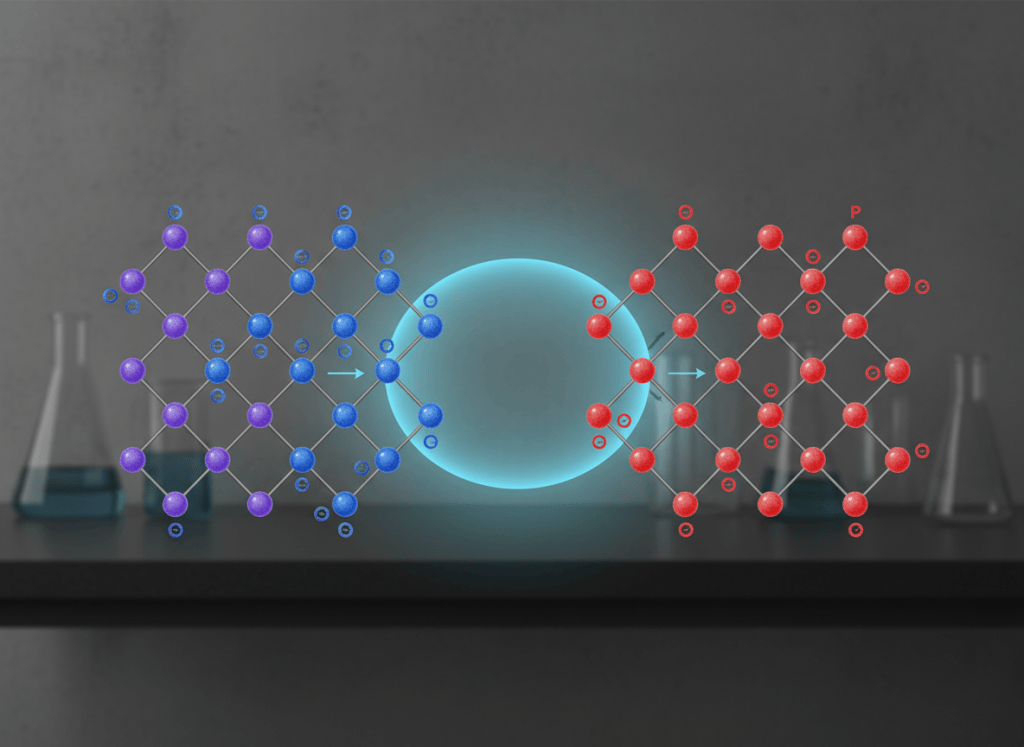 Scientific illustration of a silicon crystal lattice transitioning through doped regions into a PN junction depletion region.