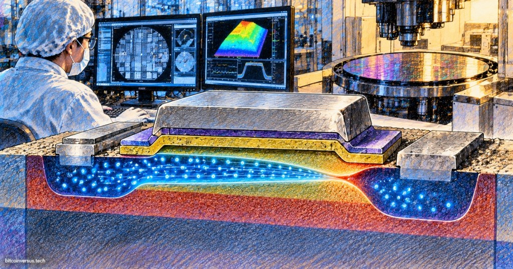 Colored-pencil semiconductor cleanroom illustration showing an ideal MOSFET cross-section with gate, source, drain, inversion channel, electron flow, and pinch-off near the drain.