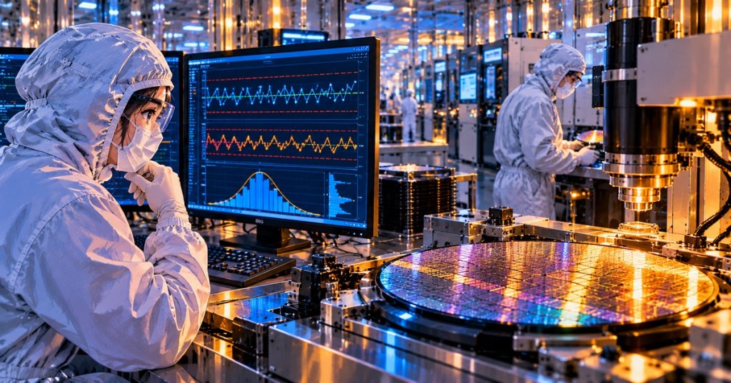 Hybrid realistic and anime editorial scene of a cleanroom engineer analyzing semiconductor process-control charts beside a silicon wafer and inspection equipment