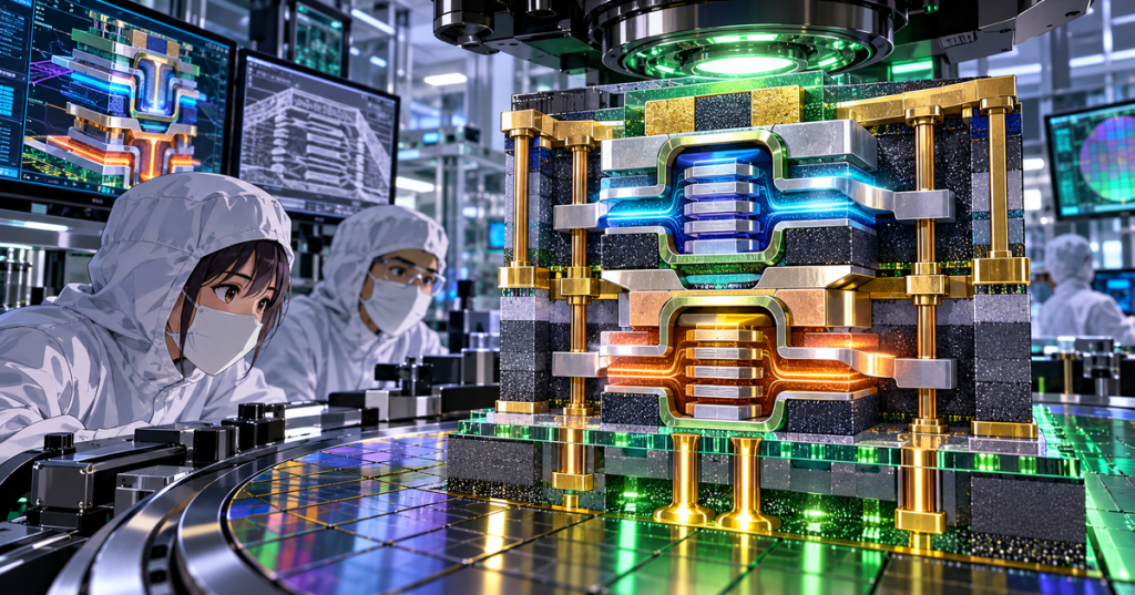 Anime-style semiconductor cleanroom scene showing vertically stacked complementary transistor structures with engineers inspecting a wafer and CFET-style device cross section.
