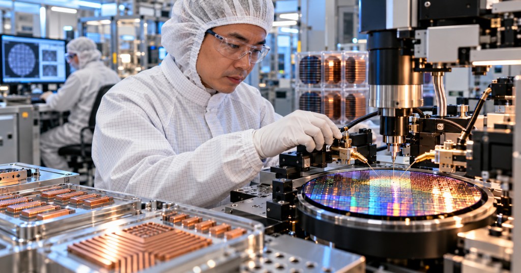 Conceptual editorial image of an Asian male semiconductor engineer testing a patterned silicon wafer at a probe station.