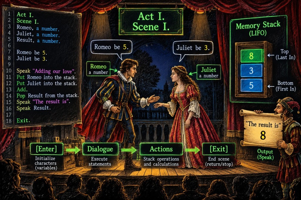 Illustrated Shakespeare Programming Language stage diagram showing characters as variables, Acts and Scenes as labels, dialogue as instructions, and stack memory.