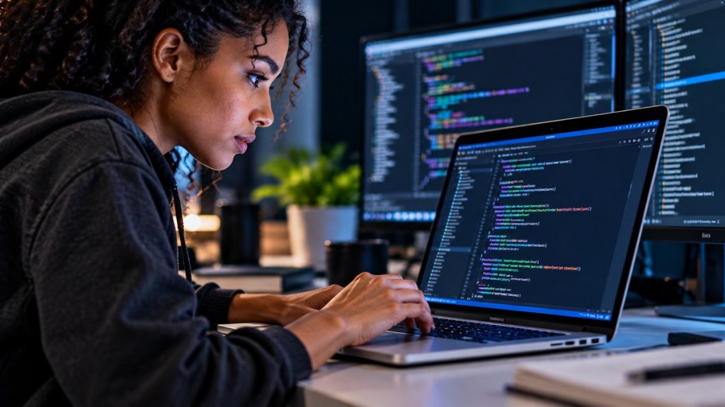 A student works at a database programming workstation with code and structured data visible on multiple screens.