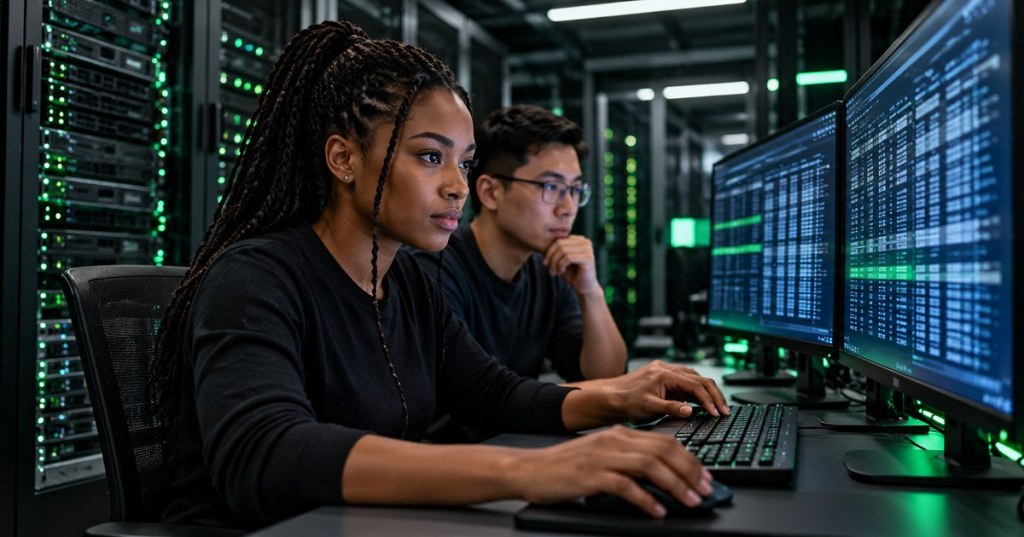 Database professionals review structured tabular data in a dark server lab with green accent lighting.