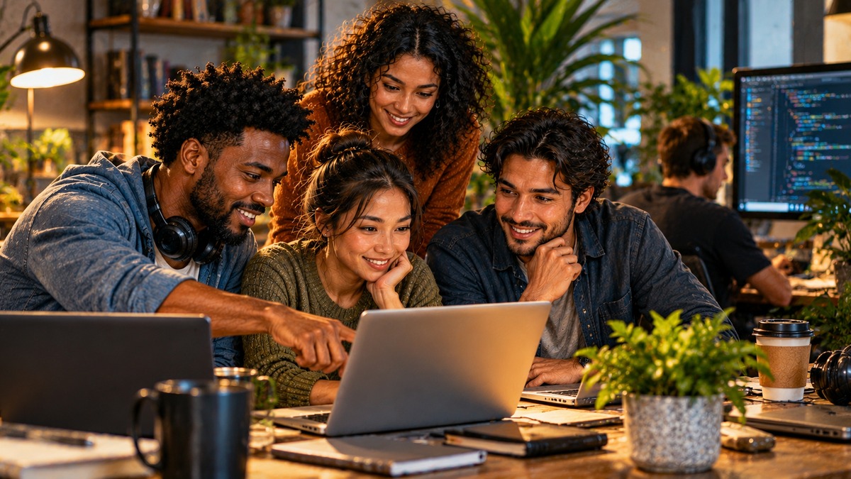 Four developers collaborating around a laptop in a cozy modern technology workspace.