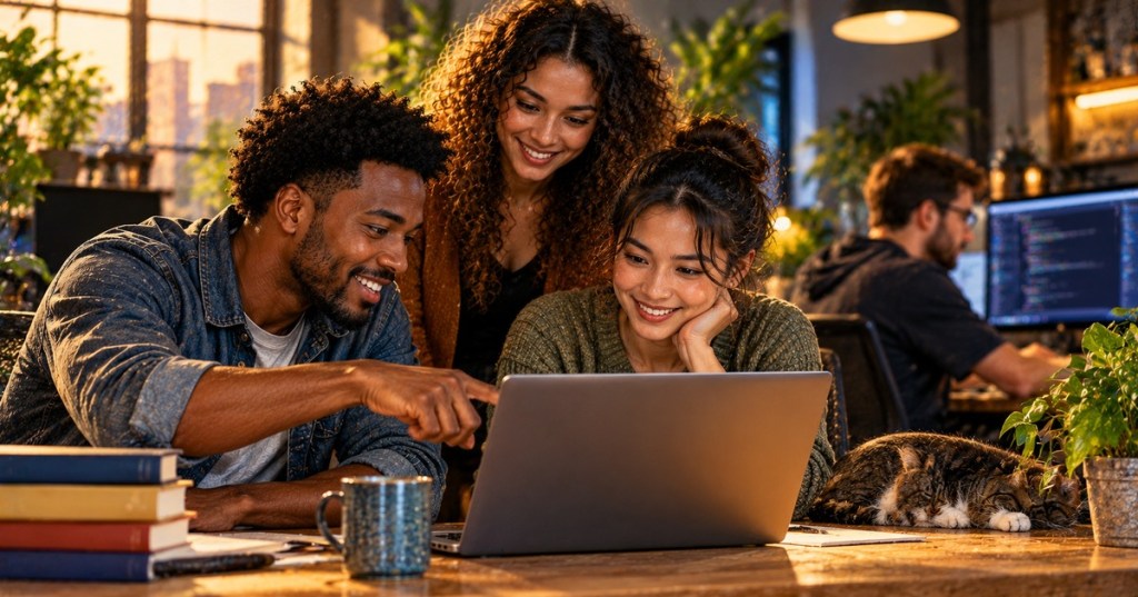A diverse group of developers collaborating around a laptop in a warm modern workspace.