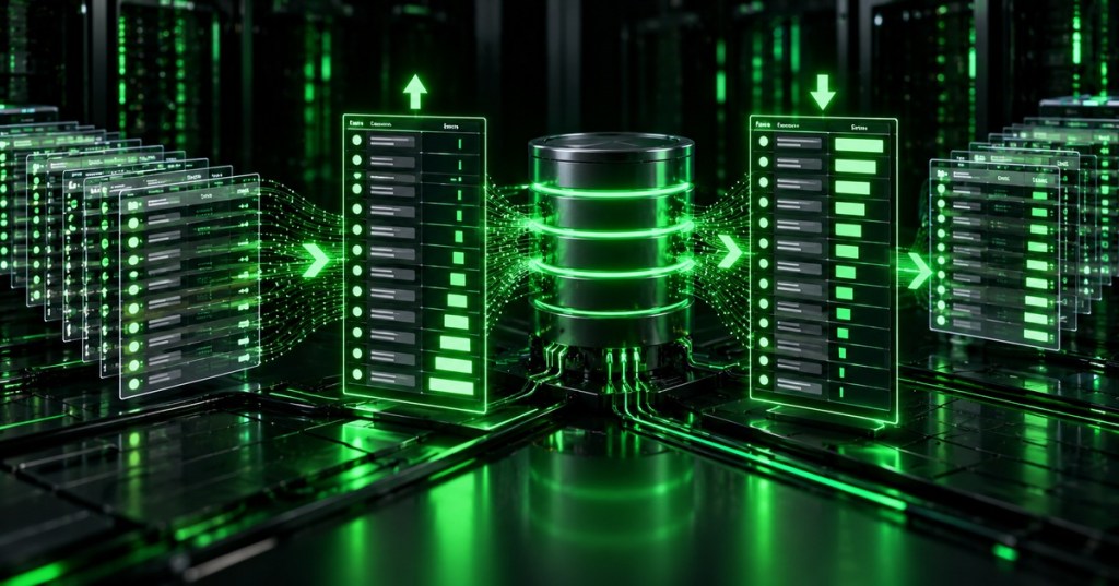 Neon green and black technical illustration of a database sorting rows into ascending and descending order.