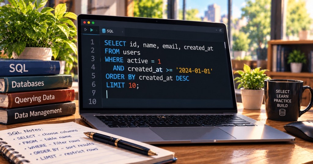 Photorealistic laptop workspace showing a SQL query with a WHERE clause filtering active users