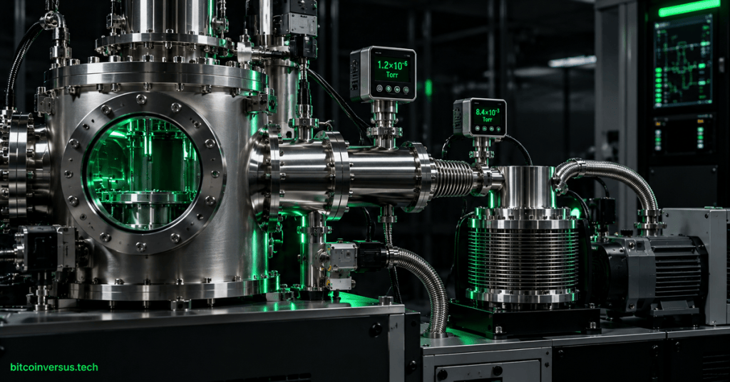 Semiconductor vacuum chamber with turbomolecular pump, gauges, valves, and neon-green technical lighting
