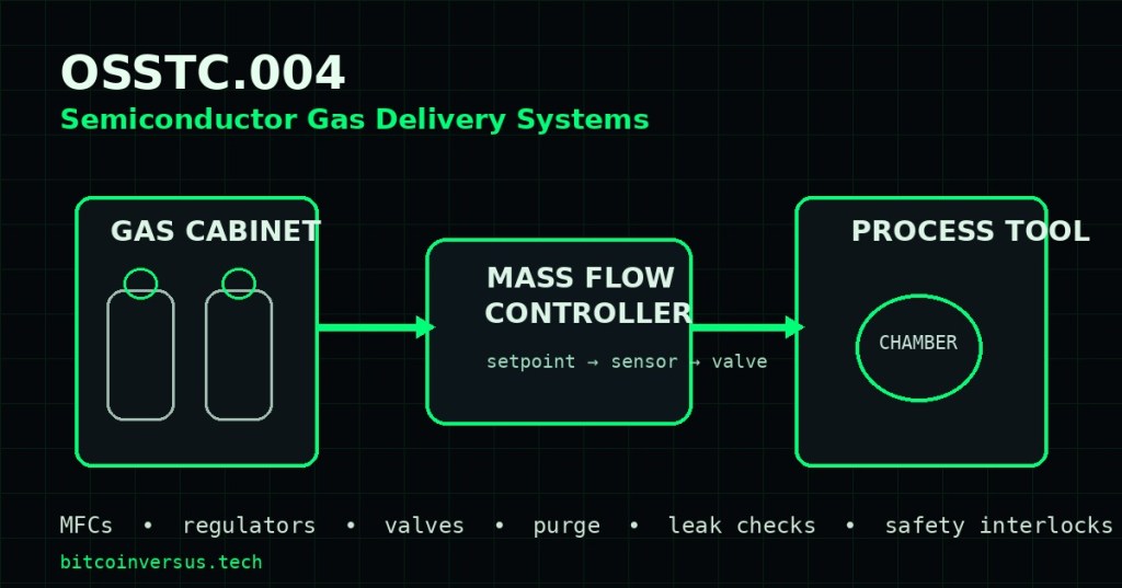 Technical diagram of a semiconductor gas cabinet, mass flow controller, and process chamber connected by high-purity gas lines