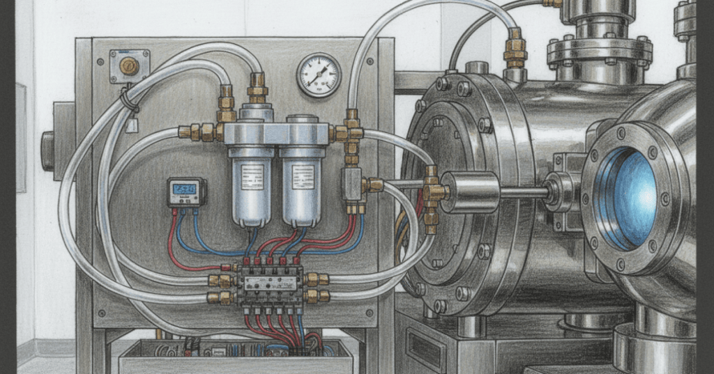 Colored-pencil illustration of a semiconductor tool pneumatic panel with regulator, solenoid valve manifold, cylinder, pressure sensor, and clean dry air tubing.