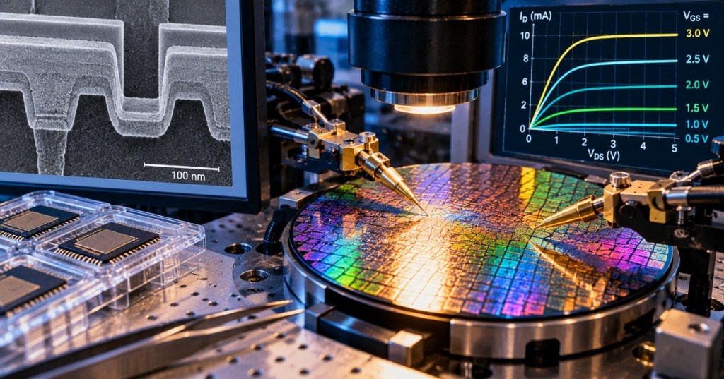 Close-up semiconductor wafer probe testing scene with probe needles, microscope optics, silicon wafer, and electrical measurement displays.