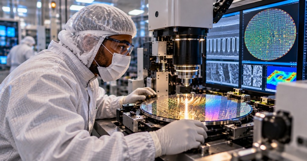 African American semiconductor technician inspecting a wafer at a precision metrology station in a cleanroom