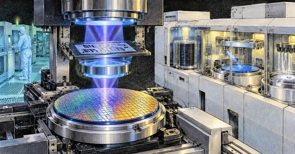 Colored-pencil illustration of semiconductor photolithography equipment with a wafer, reticle, exposure optics, and coat/develop track.