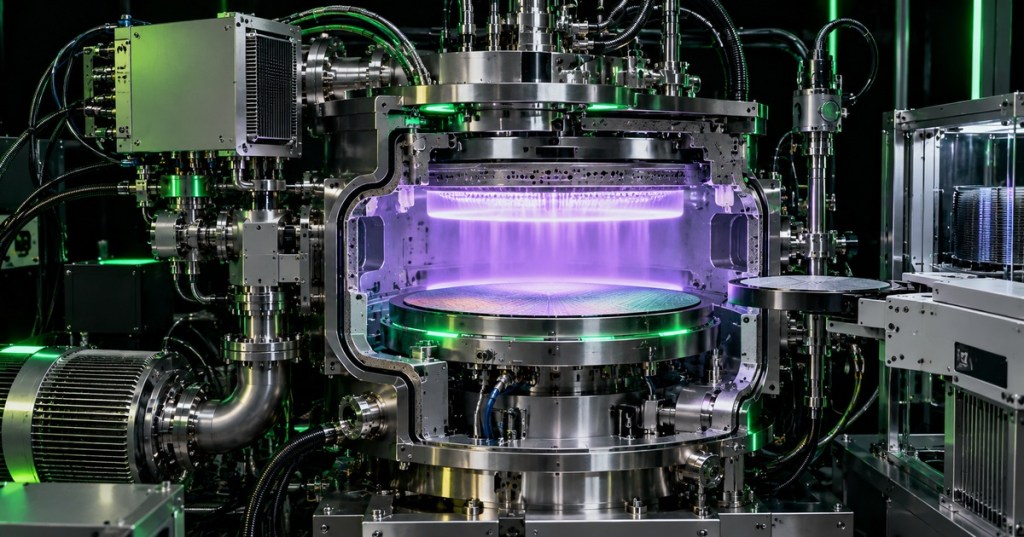 Dark semiconductor plasma etch chamber with a glowing wafer, vacuum hardware, RF equipment, and neon-green technical accents.