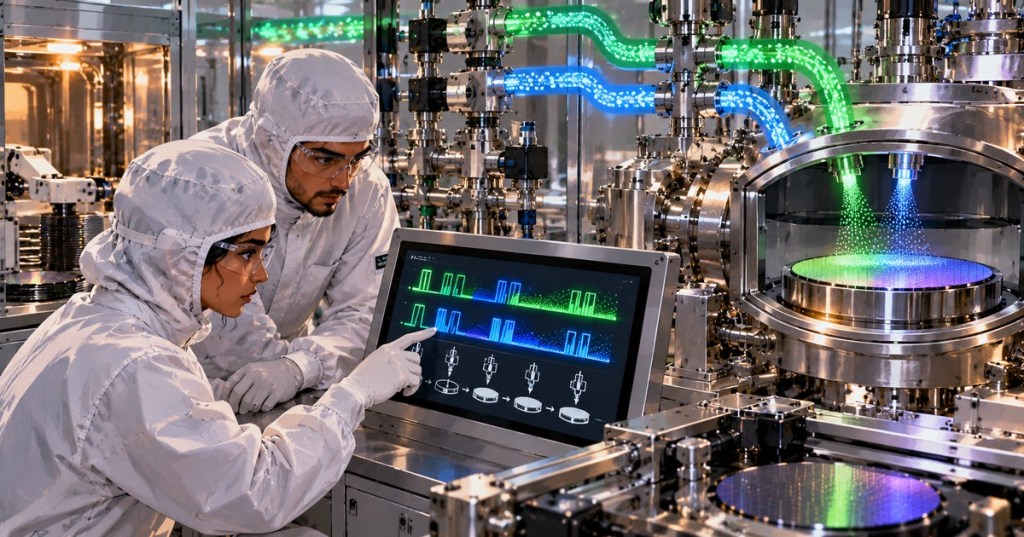 Original photoreal and anime blend editorial illustration of two semiconductor cleanroom technicians checking an ALD wafer chamber, source lines, and stylized pulse timing signals. Concept artwork, not an actual equipment photograph.