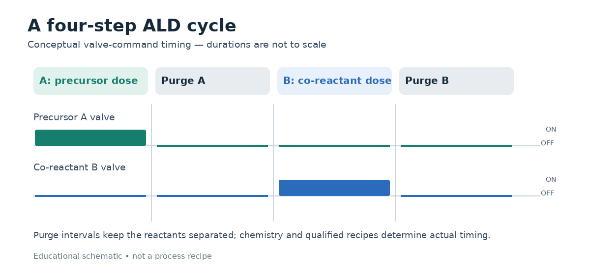 Conceptual four-phase ALD valve timing sequence: A pulse, purge, B pulse, purge; illustrative durations only.
