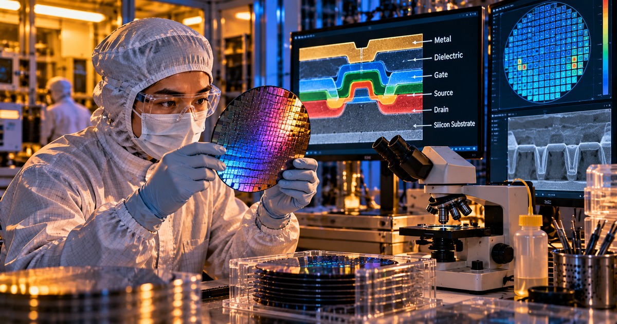 Editorial illustration of a semiconductor wafer inspection station