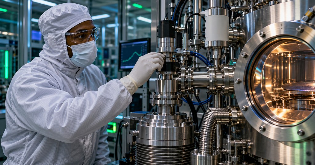 Cleanroom technician beside stainless steel semiconductor vacuum chamber and pressure control valve