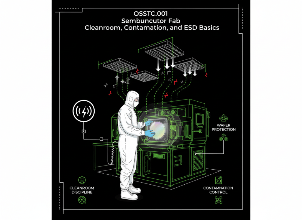 Semiconductor cleanroom diagram showing a gowned technician, filtered airflow, a wafer carrier, contamination control, and ESD grounding concepts.