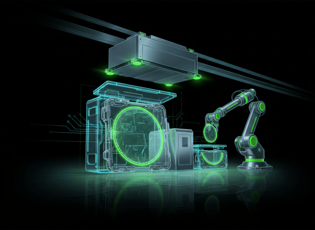 Semiconductor fab illustration showing wafers, a FOUP, overhead material handling, and robotic wafer transfer with no text.