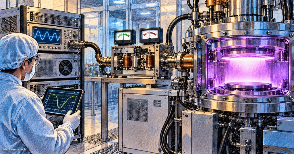 Colored-pencil semiconductor cleanroom illustration showing an RF generator, matching network, forward and reflected power meters, coaxial cable, and a glowing plasma process chamber.