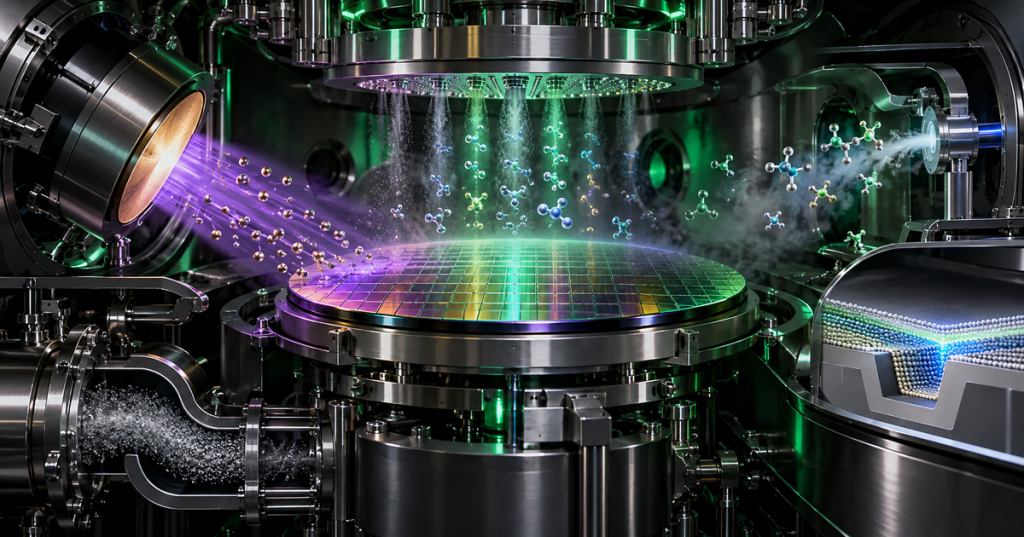 Photorealistic semiconductor deposition chamber with a patterned wafer, gas showerhead, plasma sputtering source, vacuum hardware, and atomic thin-film layers forming on the wafer.