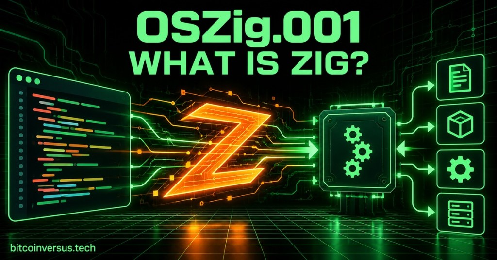 Dark neon technical cover for OSZig.001 showing Zig source code flowing through a compiler into software outputs