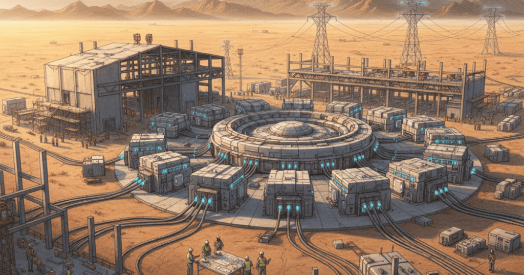 A pulsed-power fusion research facility under construction in the New Mexico desert with engineers and modular electrical equipment.