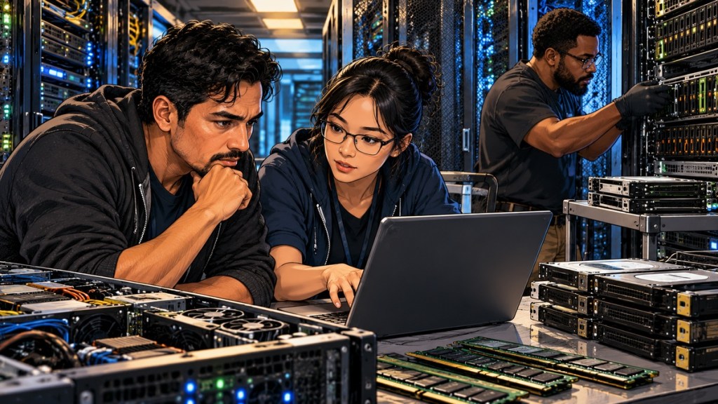 A diverse group of systems technicians inspecting server hardware and storage components in a data center.