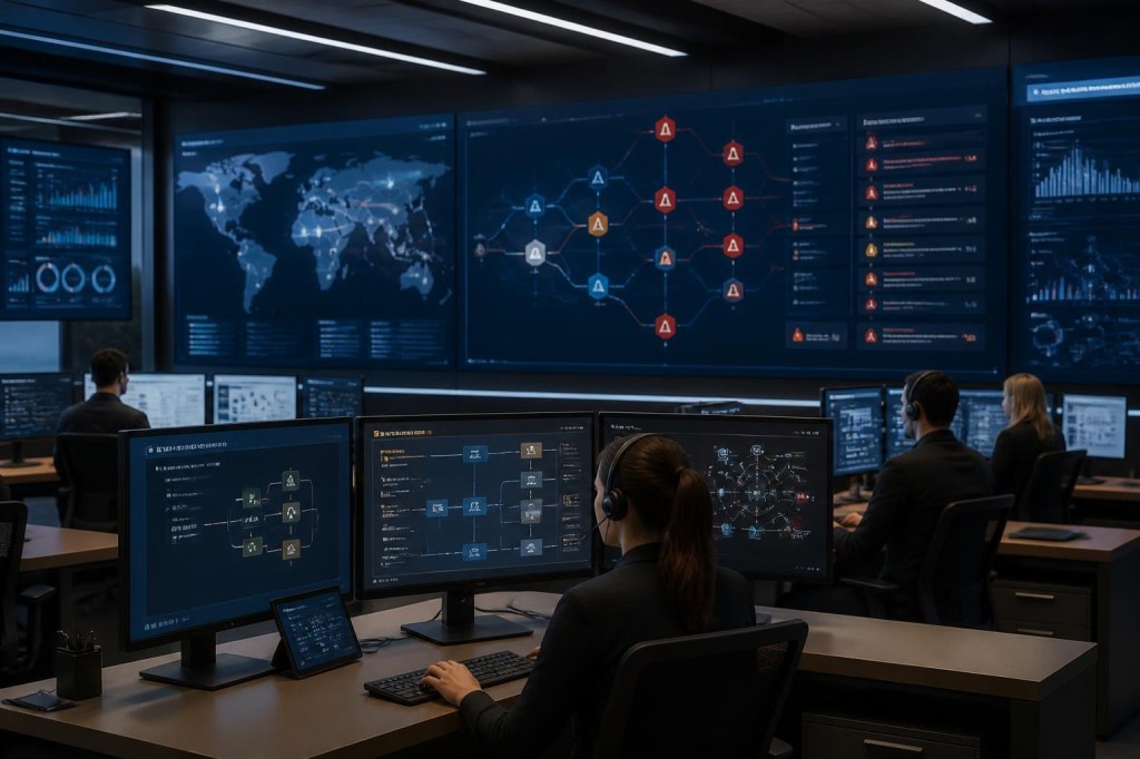 Enterprise security operations center showing AI help-desk agents feeding automated IT and security workflows into a central cyber defense platform.