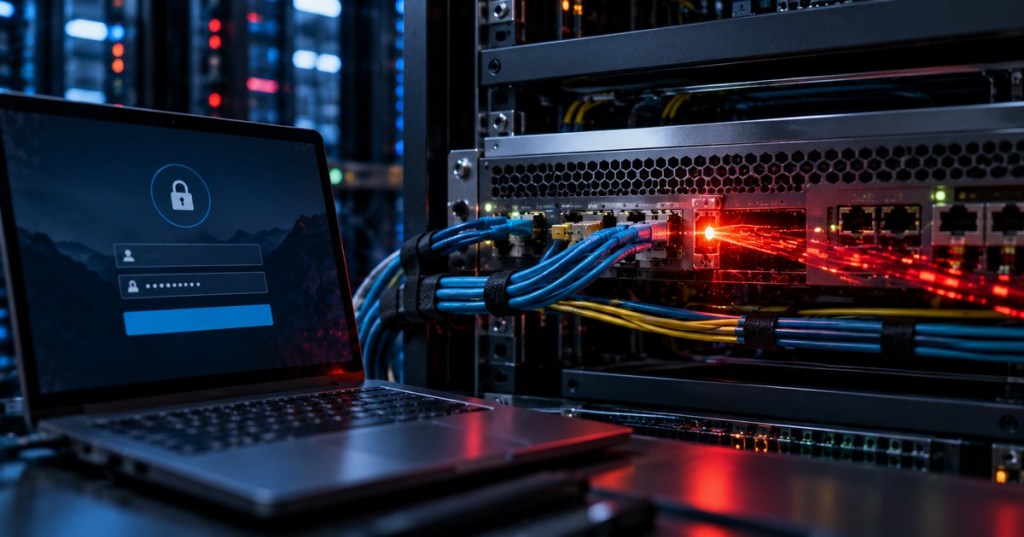 Laptop VPN login beside a rack-mounted network firewall with a red security alert glow