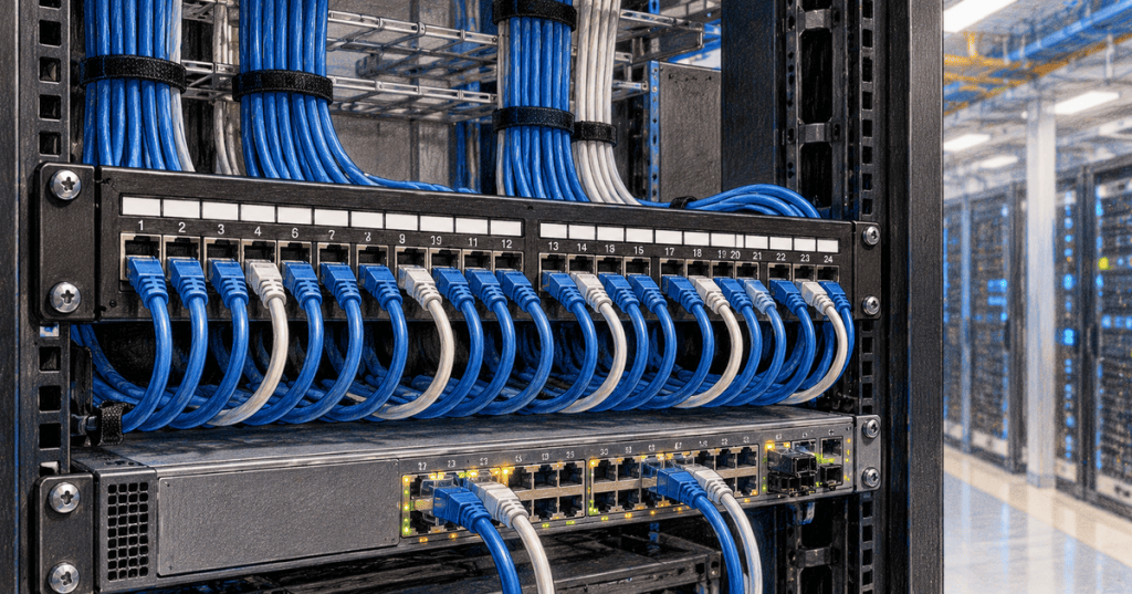 Colored-pencil illustration of a labeled Ethernet patch panel above a network switch in a data-center rack with neatly managed blue patch cables.