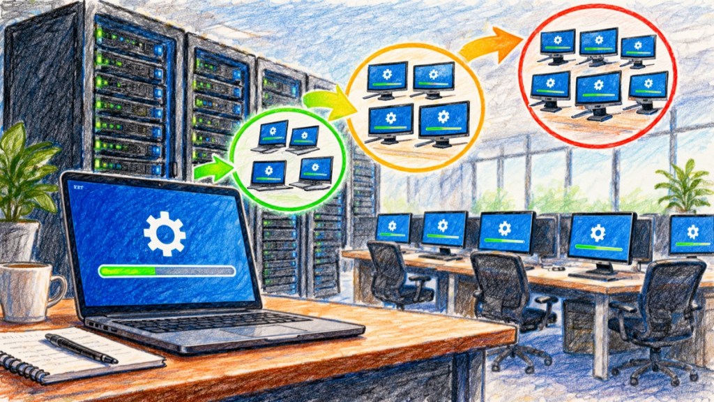 Colored-pencil illustration of an IT patch rollout progressing from a small pilot group to larger groups of computers beside server racks.