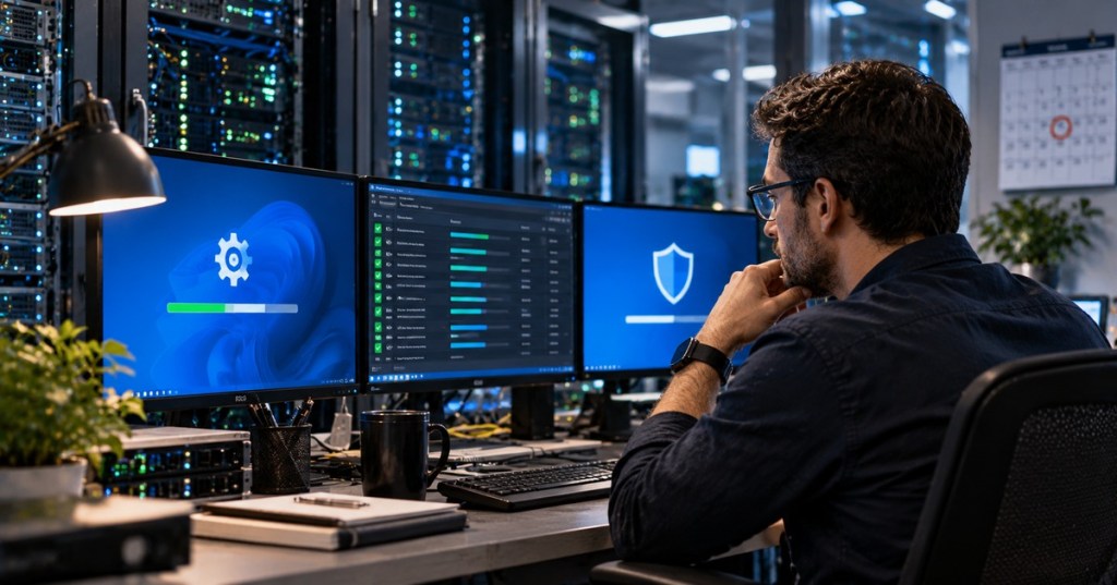 IT operations technician monitoring Windows security update deployment dashboards in a server room.