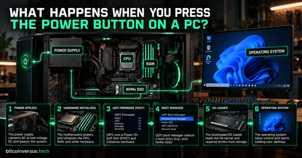 Open desktop PC with labeled power supply, CPU, RAM, NVMe SSD, UEFI firmware, boot manager, OS loader, and operating system stages.