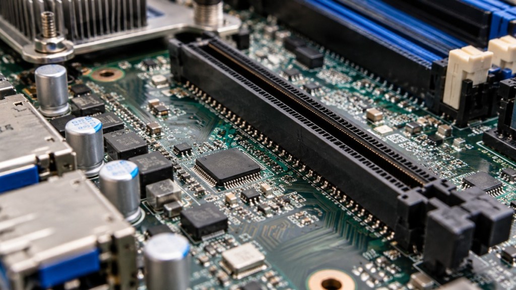Macro view of a PCIe expansion slot and surrounding high-speed motherboard components.