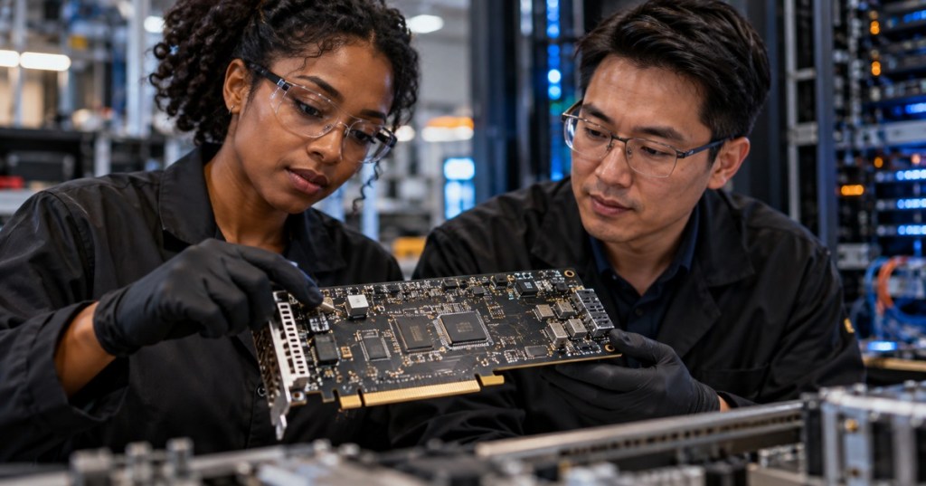 Two electronics engineers inspect a high-speed PCIe expansion board in a server lab.