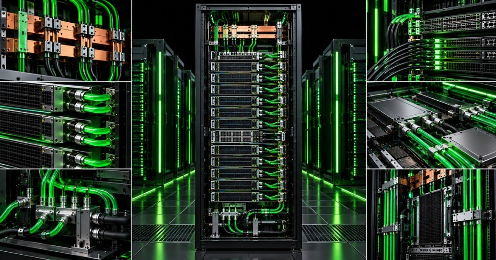 Minimal black and neon-green technical illustration of a liquid-cooled AI rack with busbars, compute blades, networking and cooling hardware.
