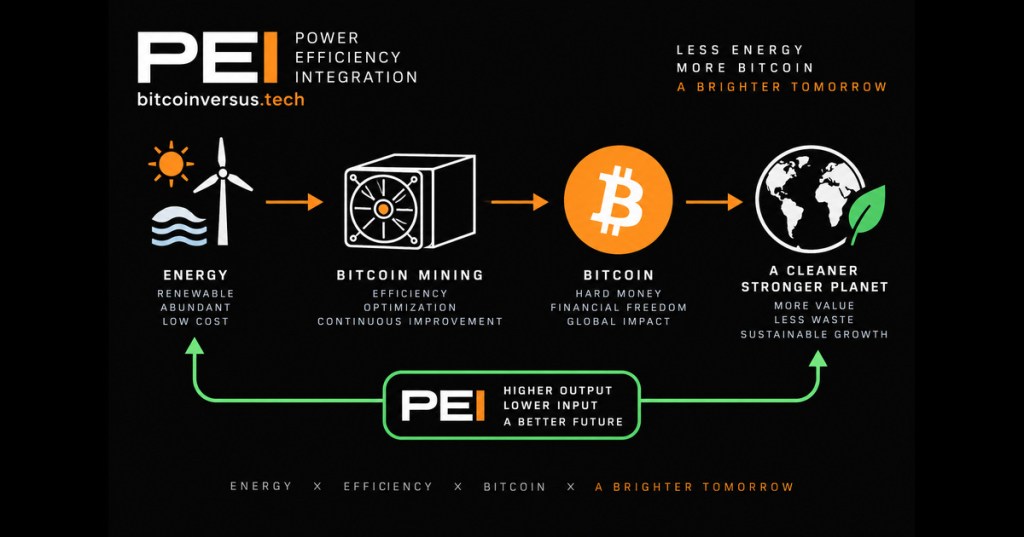 Power Efficiency Integration artwork showing renewable energy, Bitcoin mining efficiency, Bitcoin, and a cleaner planet on a black background.
