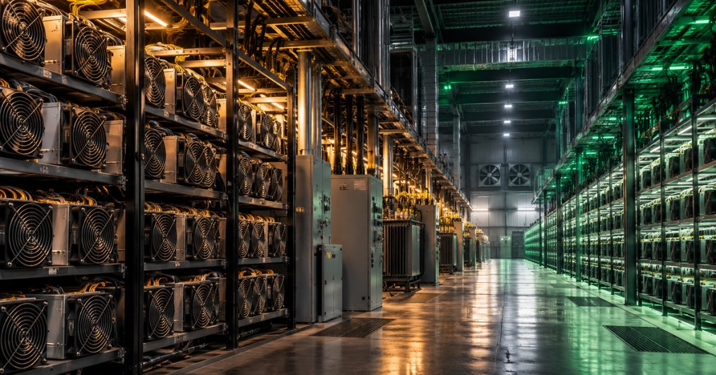 Bitcoin mining facility illustrating long-term changes in mining hardware efficiency and network hashrate.